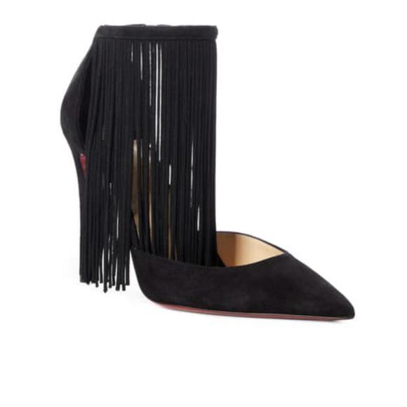 Courtain 100mm Suede fringe black ankle strap pumps D172